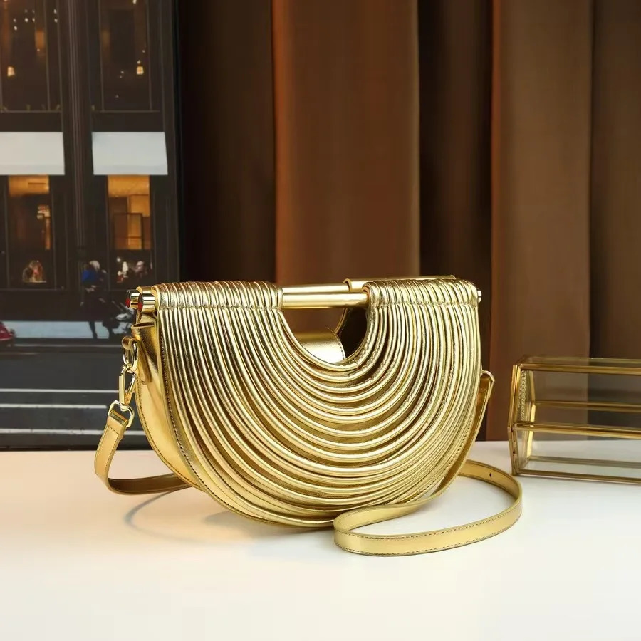 2026 Handbags for Women Gold Handwoven Noodle Bags Half Round Pulled Hobo Silver Evening Clutch Bag 260112