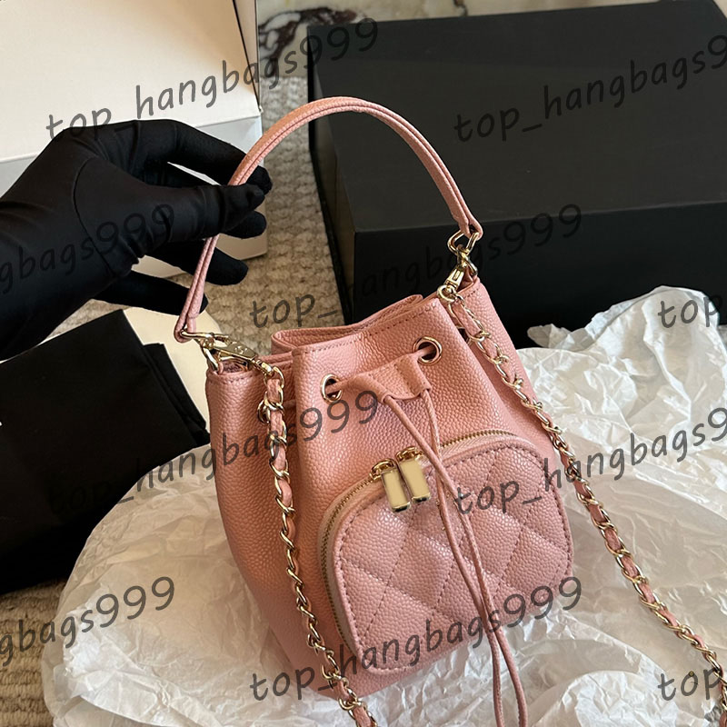 Girls Mini Drawstring Bucket Bag Leather Handle Lovely Handbag With Zipper Coin Pocket Gold Hardware Metal Chain Shoulder Crossbody Purse Makeup Sacoche 15x13cm