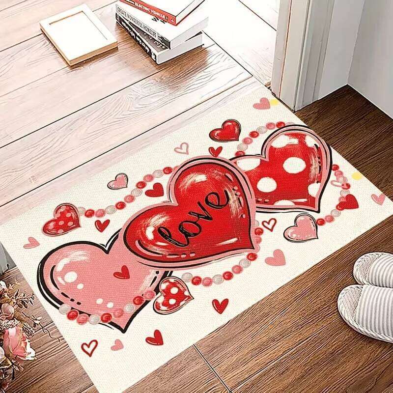 Checked Heart Print Doormat Sweet Cute Home Rug Water-absorbent Non-slip Mat for Doorway Living Room Valentine's Day Decor