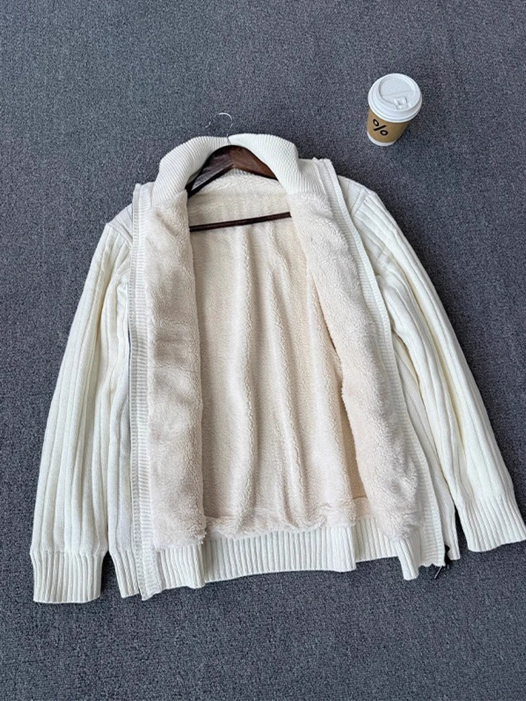 Lamb Wool Thickened Cardigan Sweater for Men Winter American Style Vertical Striped Stand Collar Knitted Sweater High-end Zipper Jacket