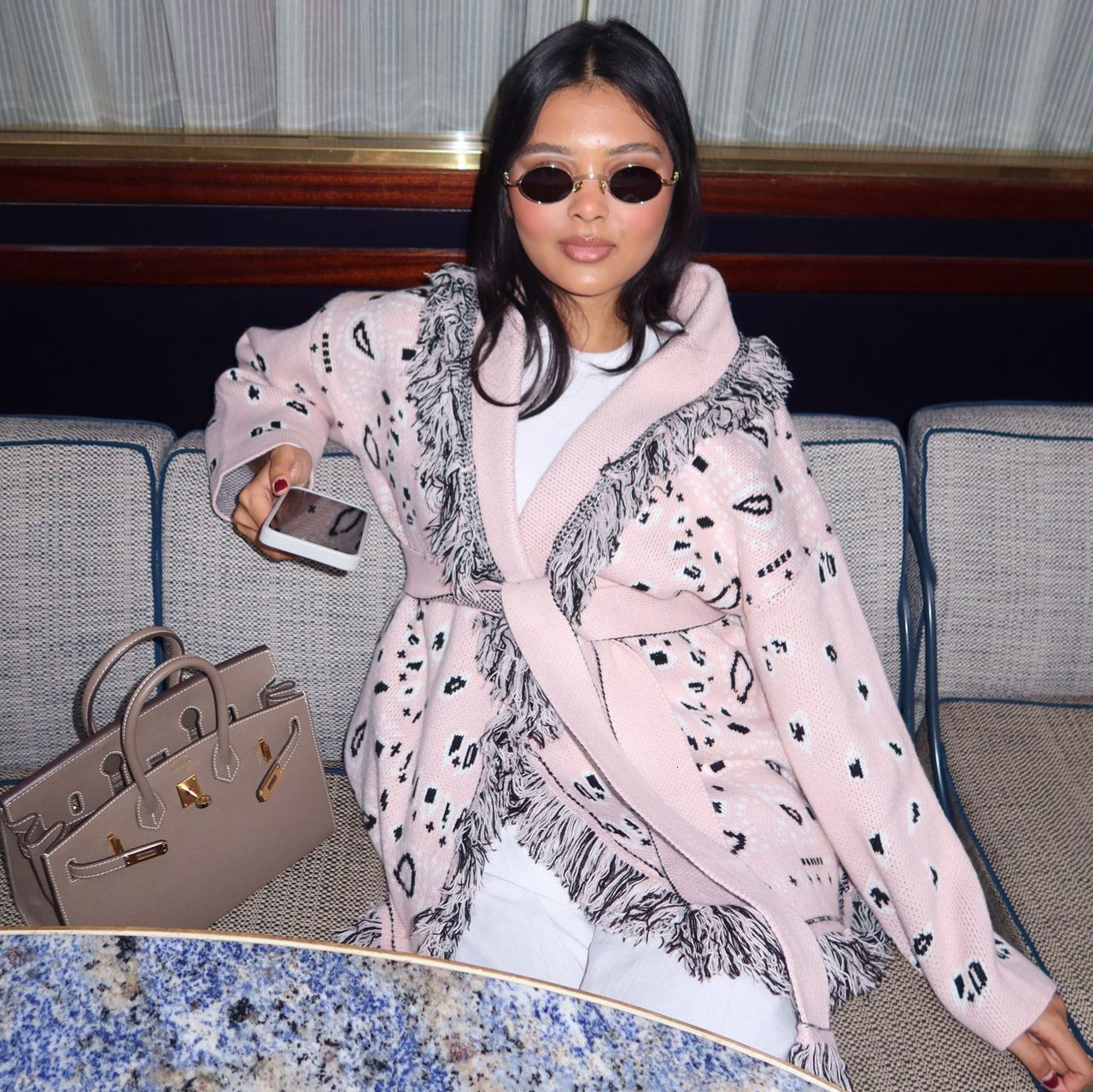 Tassel Patchwork Printed Cardigan Women Jacquard Turn-down Collar Long Sleeve Belt Waisted Knitted Sweater 2025 Autumn Cardigans 251117