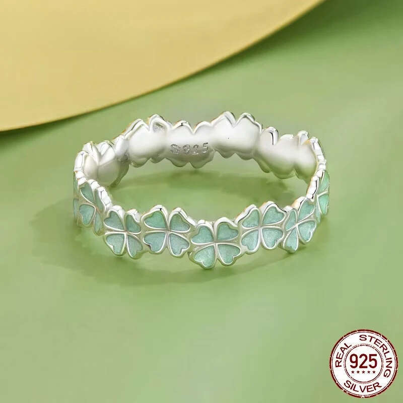 Ring Jewellery 925 Sterling Silver Four Leaf 1 Clover Mint Green Leaves Vine Adjustable Band for Party Daily Wear Gift High Quality Texture