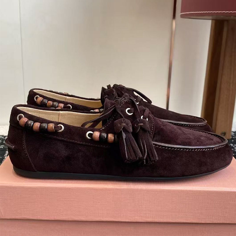 Suede tassel loafers luxury brand womens casual shoes suede leather anti slip rubber sole threaded wood beads 26SS retro fashion Lady runway shoes top quality