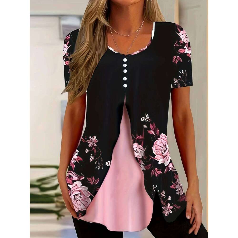 Elegant Fake Two-Piece Women's Round Neck Short Sleeved Button Blouse Summer Office Lady Work Casual Top