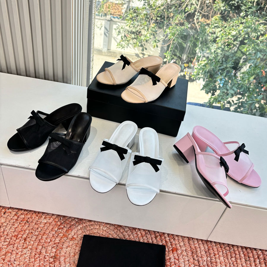 Top quality new Bowtie mesh mules shoes Chunky Block heel Sandals open toes slip on Flat Slippers Luxury designer Slides for womens Evening Office shoes Gold Silver