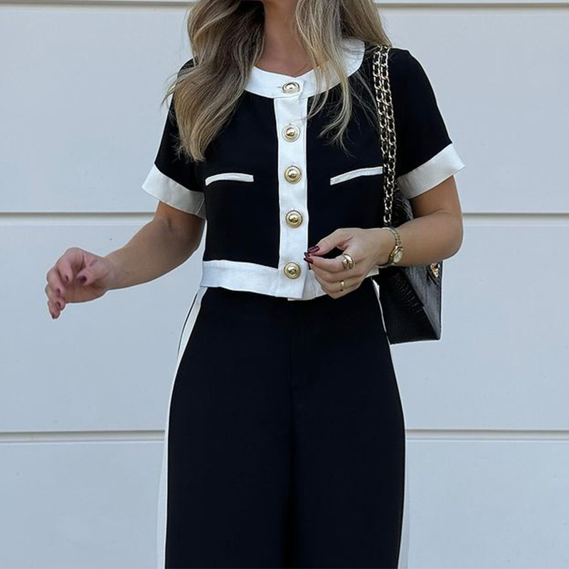 Designer Women's 2026 New Fashion Set Commuter Short Sleeve Straight Pants Two Piece Set Color Blocked Black And White High Quality Clothing