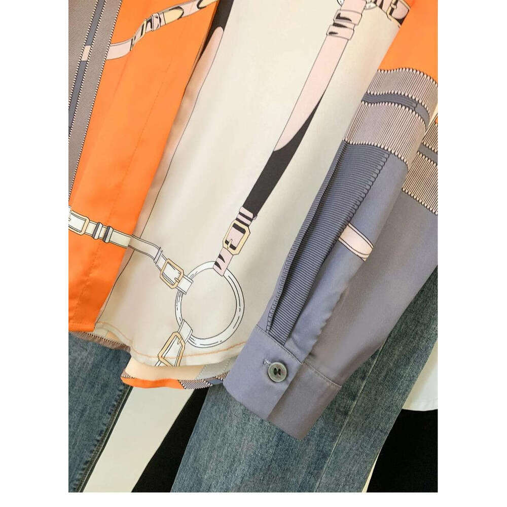 Women's Blouses Silk Orange Blue Equestrian Print Shirt Long Sleeve Casual Button-Down Blouse Lady Top Clothes Printing Plus Size