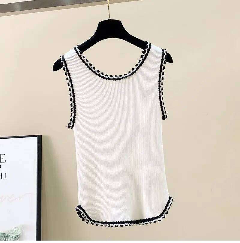 Fashionable Chic Summer New Vest Women's Spliced Round Neck Printed Embroidery Loose All-Match Sleeveless Camisole T-Shirts Tops