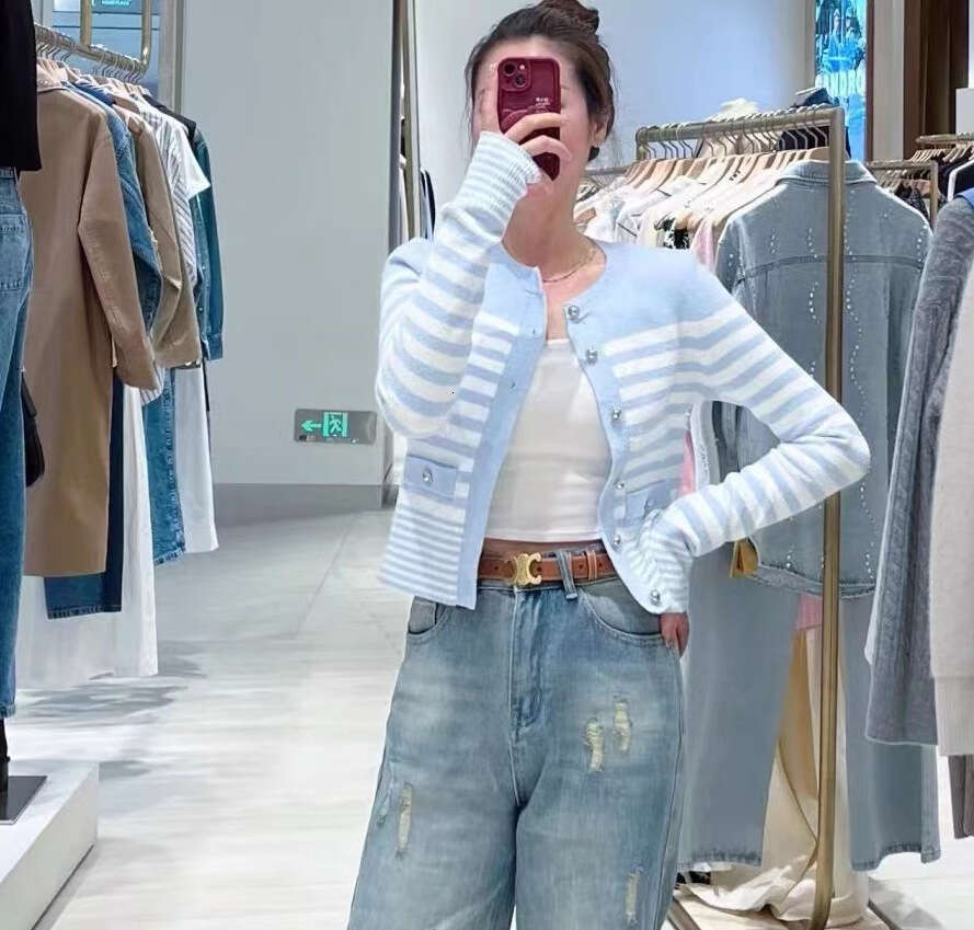 2025 Spring Summer New French Elegant Style Blue Striped Knitted Cardigan Jacket + Vest Top Set
