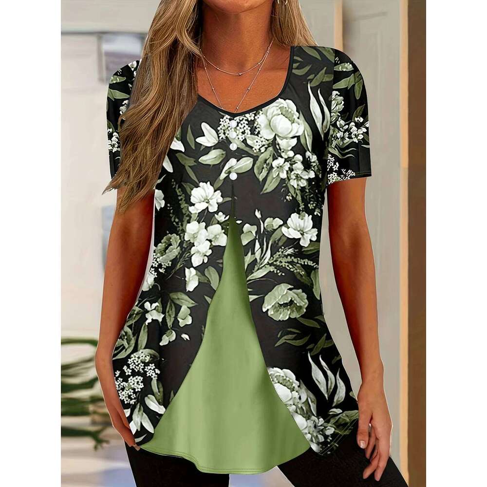 Elegant Fake Two-Piece Women's Round Neck Short Sleeved Button Blouse Summer Office Lady Work Casual Top