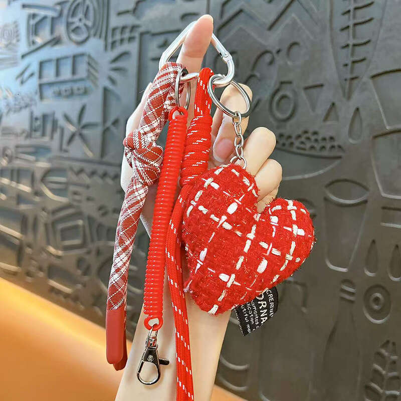Bag Charm Tweed Heart Bag Charm Keychain with Plaid Tassel Strap Multi-use for Bag Phone