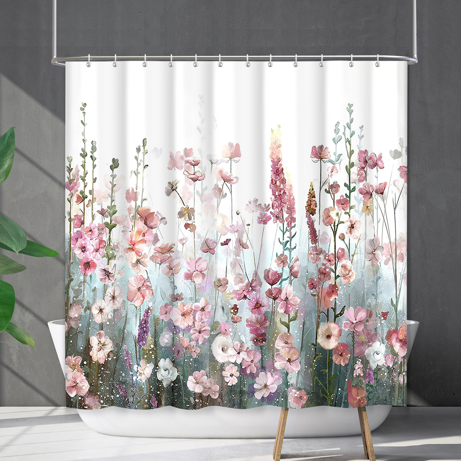 YL-38182 Bathroom Waterproof Shower Curtain Set, Floral Plant Curtain, Flower Shower Cover, No Drill Required