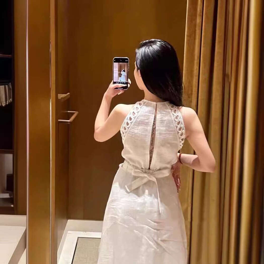 2026 Summer New French Style White Heart-shaped Hollow Lace Edge Halter Backless Dress