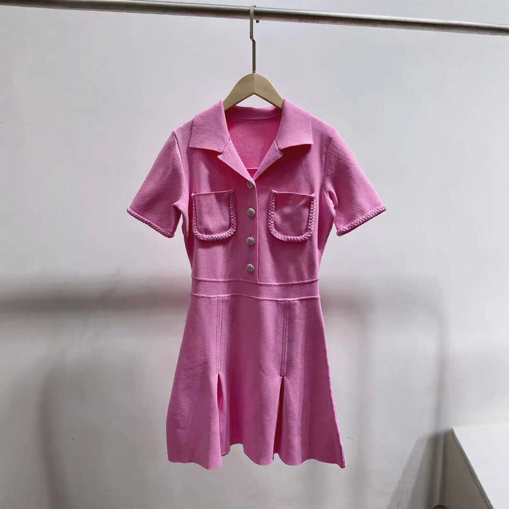 Fadan M Brand 2026 Spring Summer New Polo Collar Pink Braided Edge Slim Knitted Dress for Women