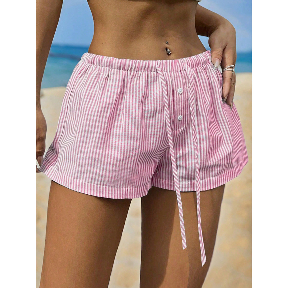 Fashion Basic Niche Striped Elastic Drawstring Casual Shorts Summer Versatile Home Pants for Women Loose Slimming 240508