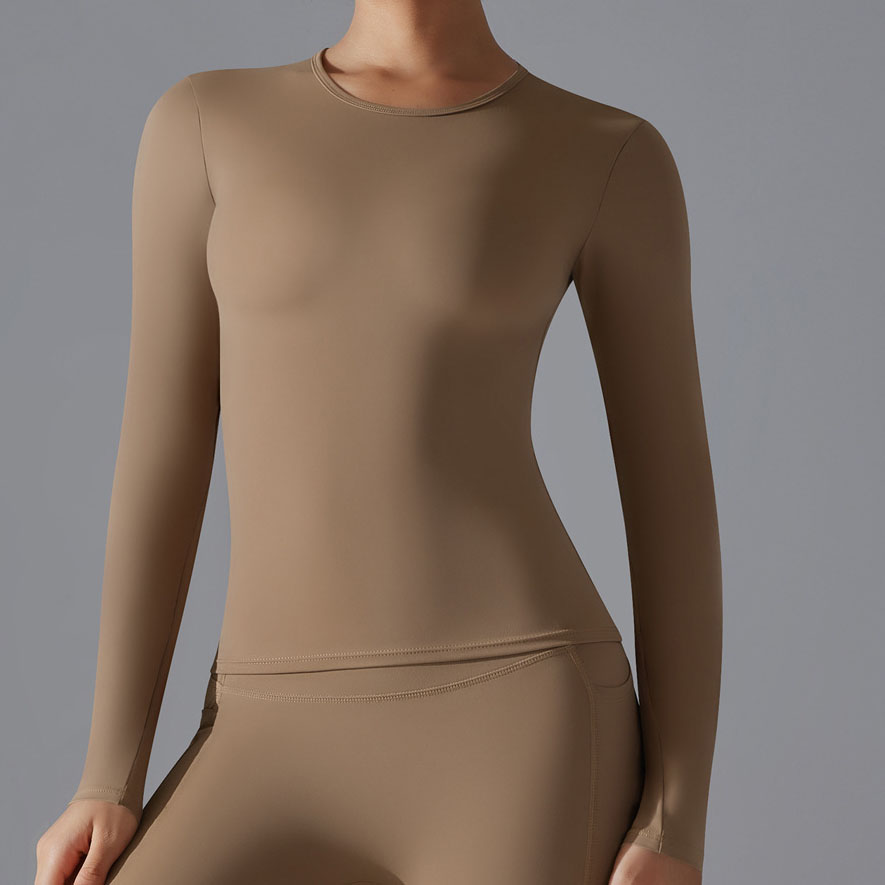 Double sided brushed solid color long yoga suit long sleeved high elasticity breathable sports running fitness casual T-shirt for women A-5341 women set