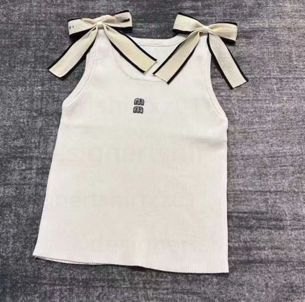 ops Womens Cropped Tee Shirts Sleeveless Bow Shoulder High Waist Sexy Slim Tank Tops Designer Miu T Shirt Elegant Casual Clothes Embroidery Minmin Tshirt