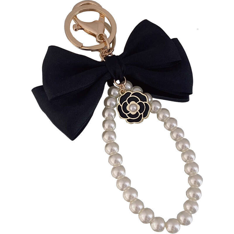 Keychain Black Bow Pearl Chain Camellia Keyring Handmade Bag Pendant Car Decoration Accessory