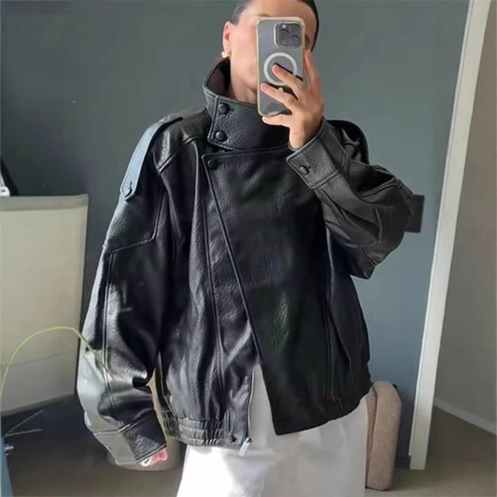 Stand Collar Womens Jacket Full Sleeve Double Button Solid Female Leather Jackets 2025 Autumn Fashion High Street Lady Outwears251010