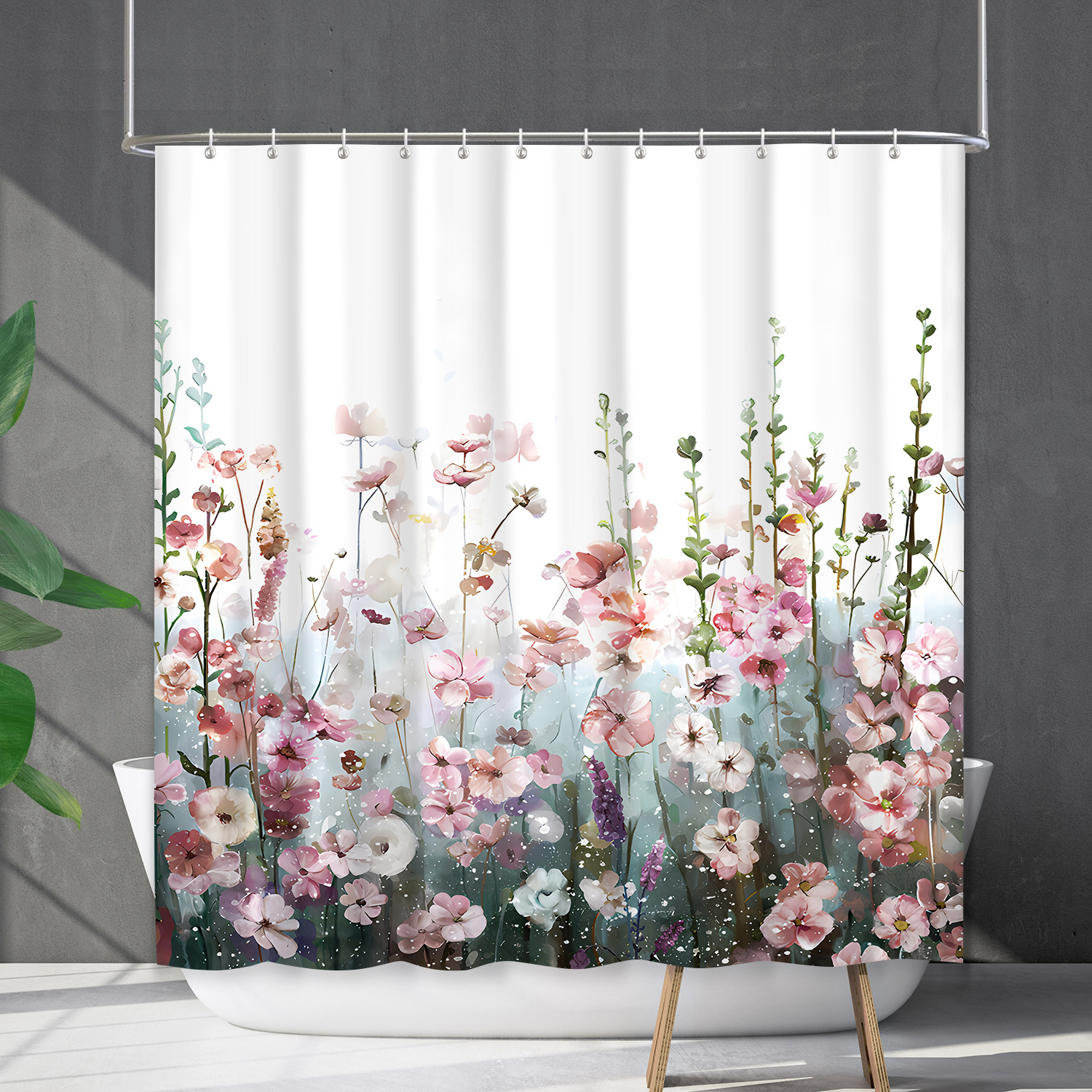 YL-38185 Waterproof Shower Curtain Set with Floral and Plant Designs, Shower Coverage, No Drill Required
