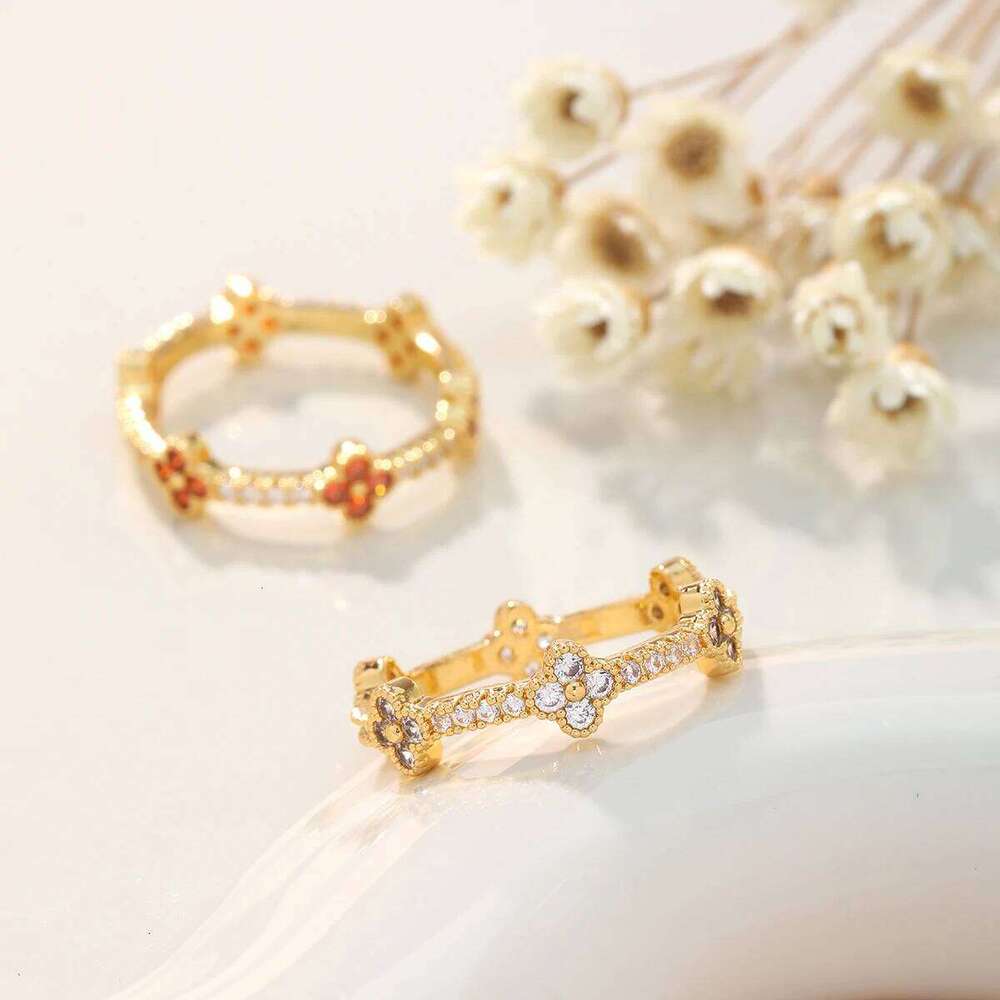 Jewellery Ring Gold Plated Cubic Zirconia Four Leaf Clover Eternity Adjustable Vintage Stacking Band for Anniversary Special Occasion Gift High Qualit