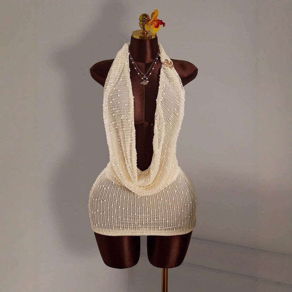 European and American New Cross-Border Women's Fashion Sexy Hot Girl Knitted Halter Neck Pile Collar Backless Sleeveless Woolen Dress Short Skirt