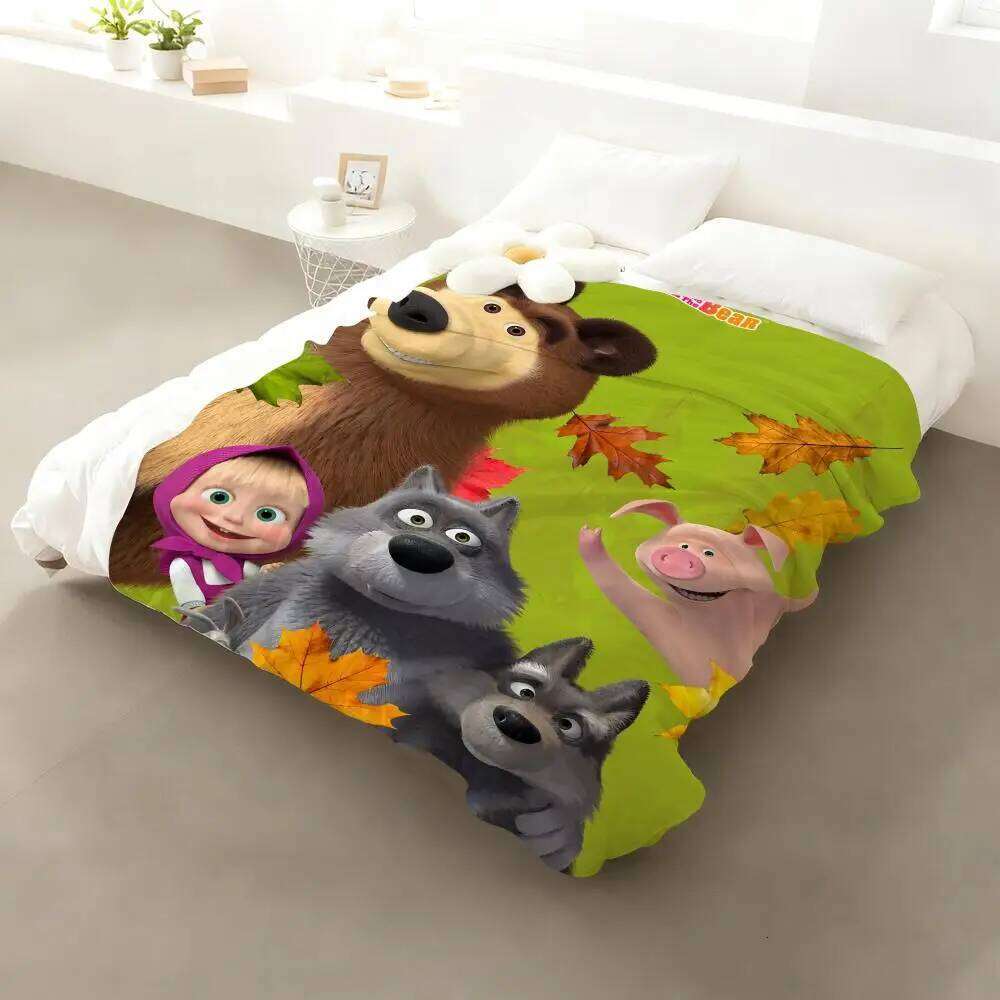 Cartoon M-Masha and the B-Bear Flannel Fluffy Soft Blanket Warm Skin-Friendly Throw for Sofa Bed Office Nap Winter W260120
