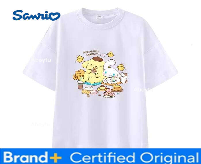Sanrio MINISO Cute Pom Purin Printed T-shirt New Short-sleeve Women Men Couple Casual Loose Versatile Hot-selling Tees H260120