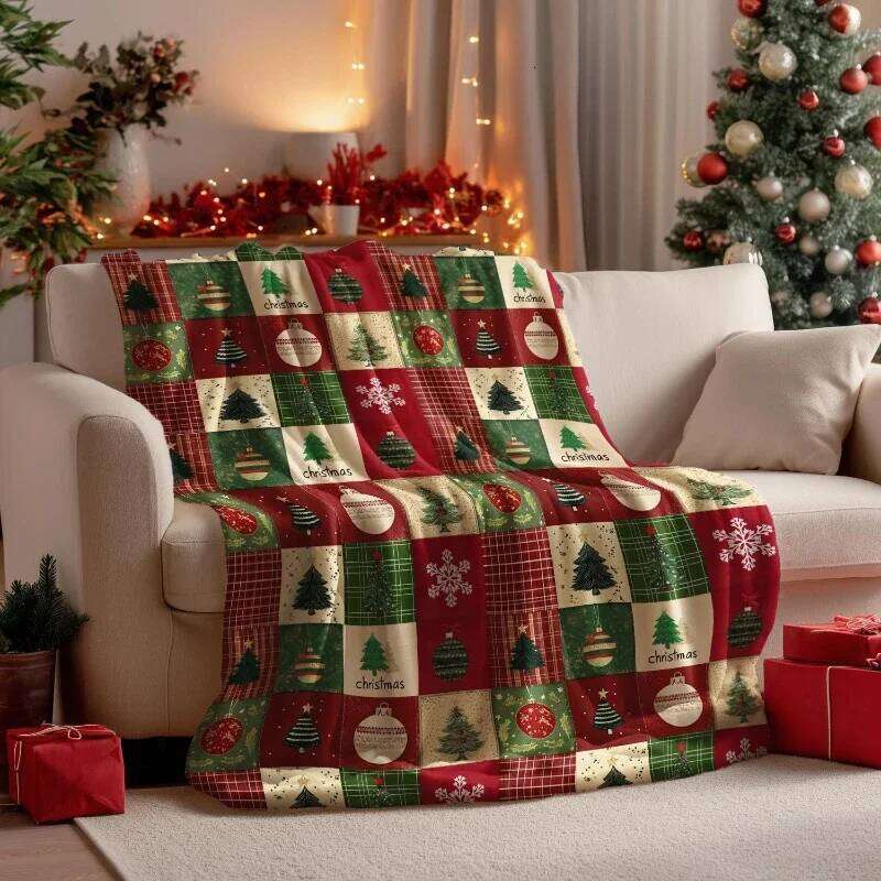 Christmas Flannel Blanket Throw Red Green Checkered Tree Design Couch Sofa Bed Cozy Lounging Gift for Kids Adults Wife W260120