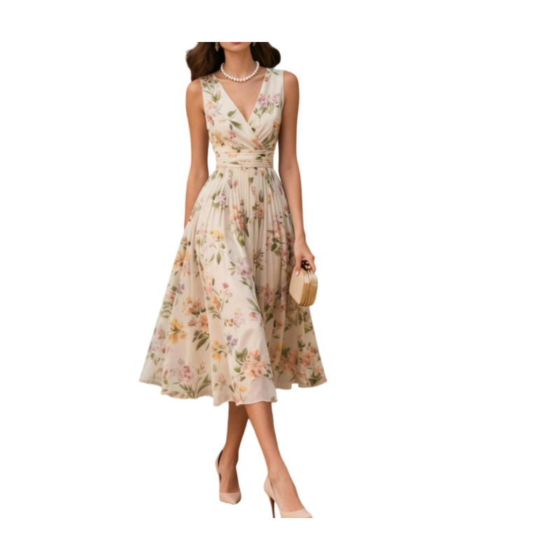 French Elegance Romantic Sleeveless Floral Print Dress N004