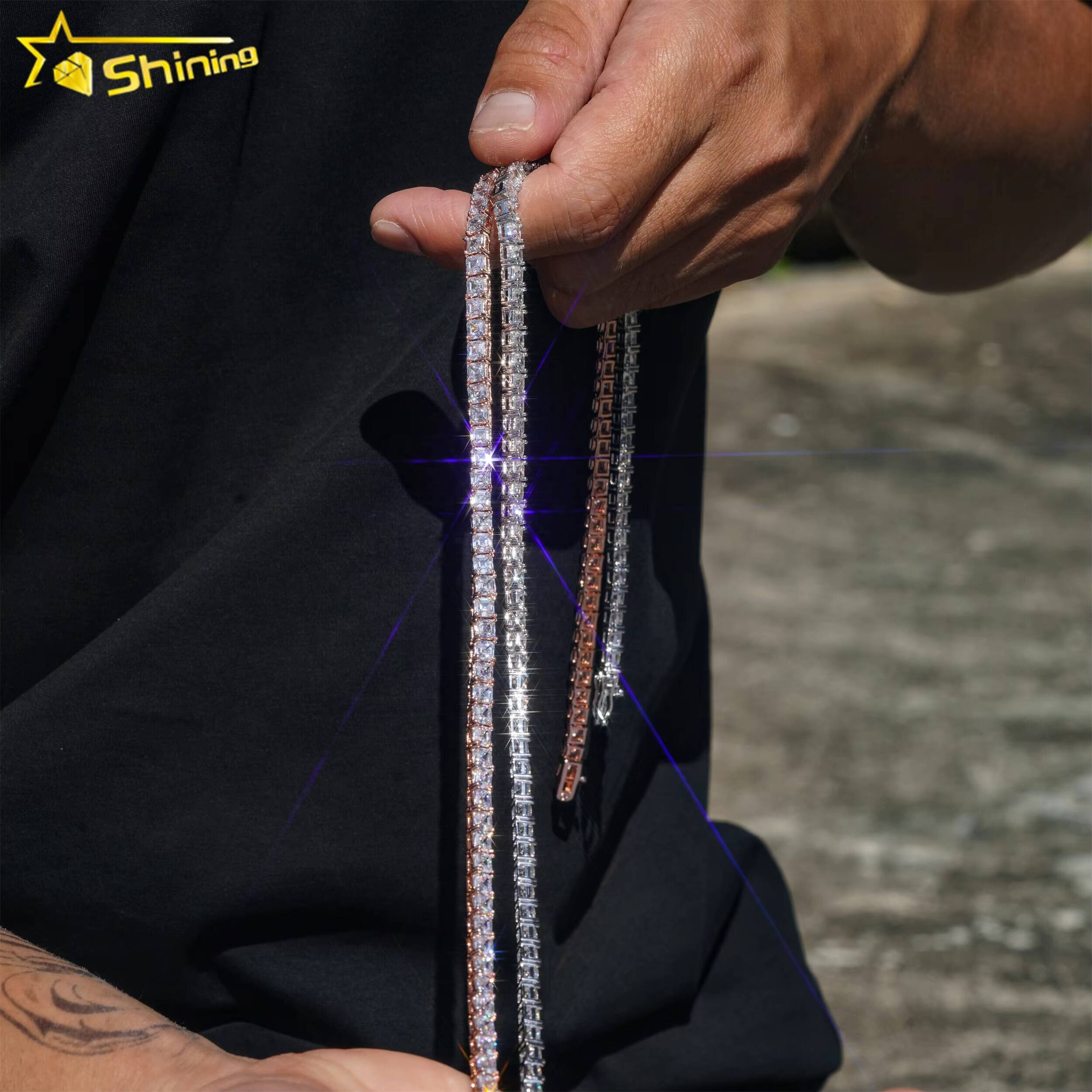 Luxury Bling 925 Sterling Silver Hip Hop Necklace 4mm Asscher Cut Diamond Tennis Chain Moissanite Tennis Necklace