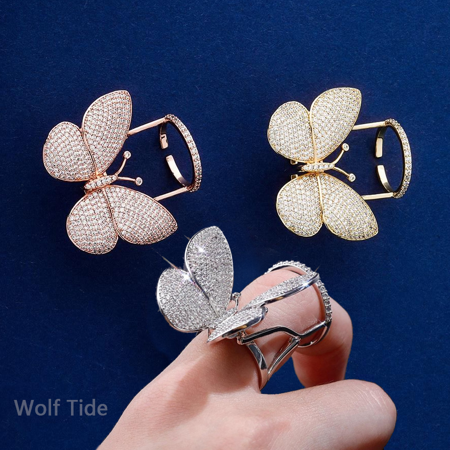 Full Diamond Butterfly Womens Rings Open Cuff Rose Gold Bling Cz Zirconia Stones Finger Band Designer Luxury Jewelry Valentines Day Gift for Girlfrien
