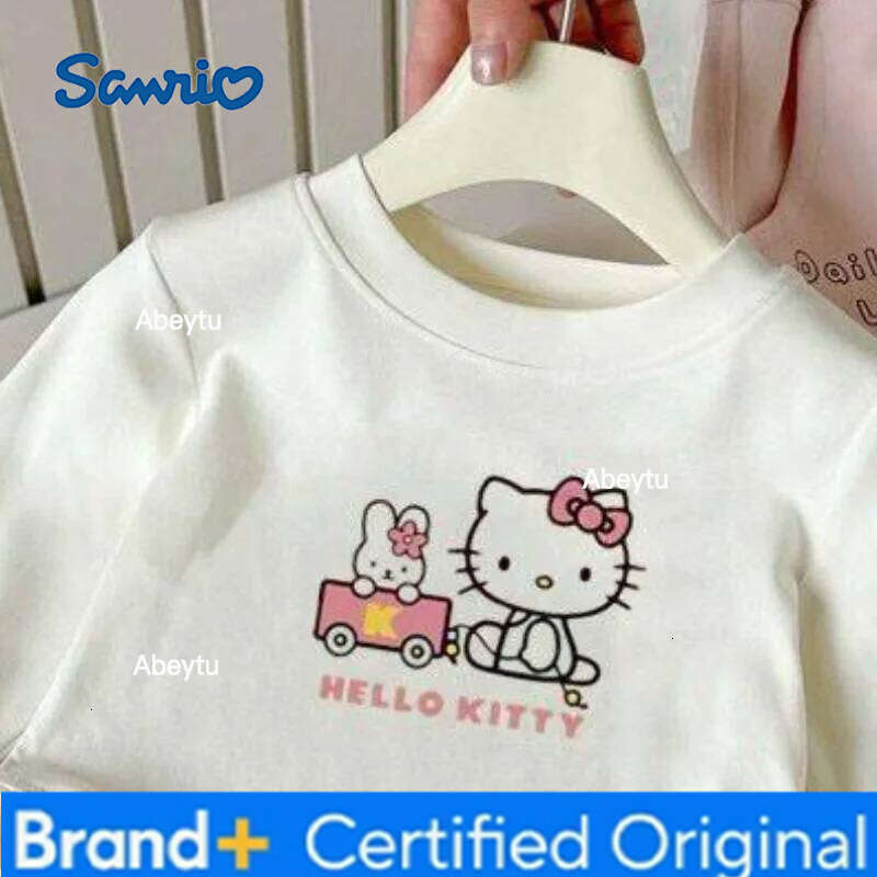 Sanrio Hello Kitty Long Sleeve T Shirt Pure Cotton for Girls Undershirt Spring New Cartoon Print Lace Trim Fashionable Pullover H260120