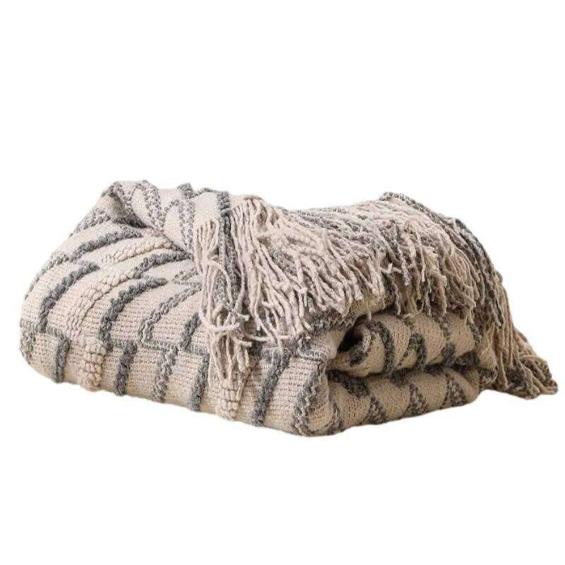 Khaki Jacquard Knitted Throw Blanket with Tassel Soft and Cozy Acrylic Wave Christmas Gift Blankets for Home Decor Bed Travel W260120