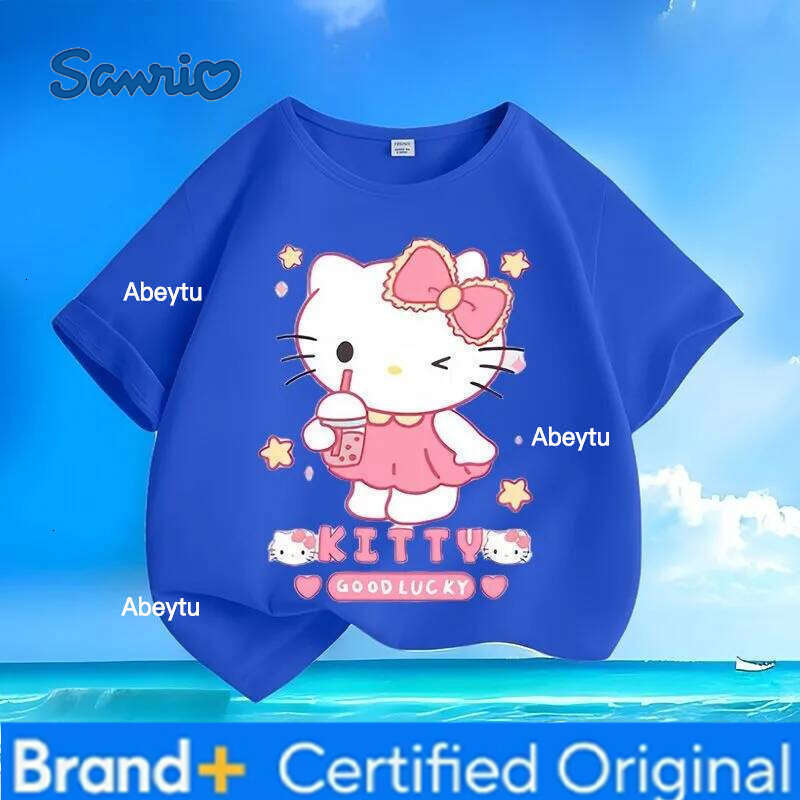 Sanrio Special Sale Summer New Hello Kitty Print Kids Tees Skin-friendly Breathable Easy Care Loose Versatile Crew Neck Tops H260120