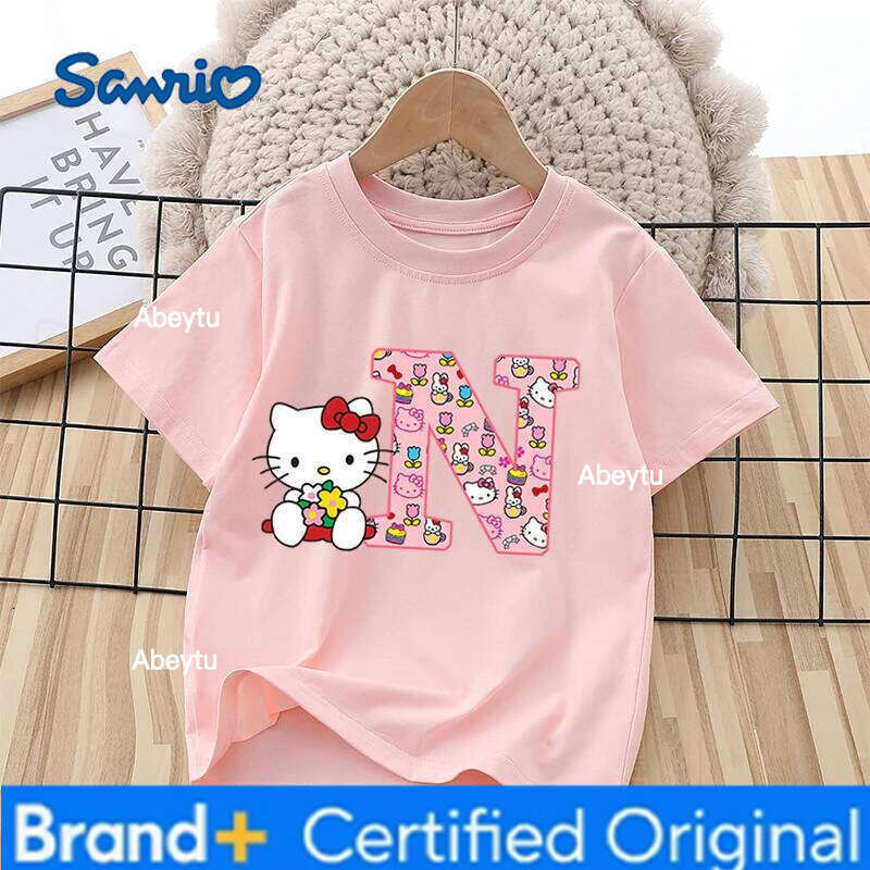 Sanrio T-shirt Hello Kitty Letters A-Z Printed Children's Clothing Fashion Shirt Y2K Cotton Girls' Round Neck Outdoor Wear H260120