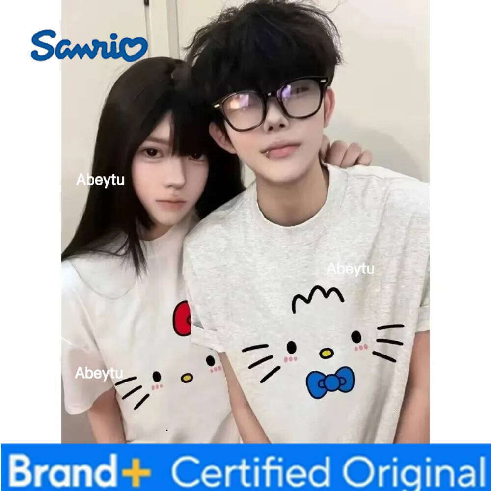 Sanrio MINISO 2025 Summer New Cute Hello Kitty Short Sleeve T-shirt Loose Breathable Couple's Wear Cotton Comfortable H260120