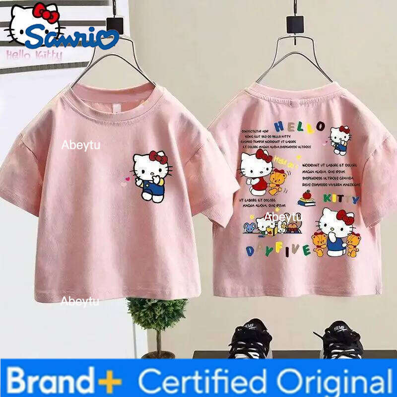 Sanrio Hello Kitty Girls' Summer New Cotton T-shirt anime kawaii Fashion Short Sleeve kids Cartoon Sweet Loose Round Neck Tops H260120