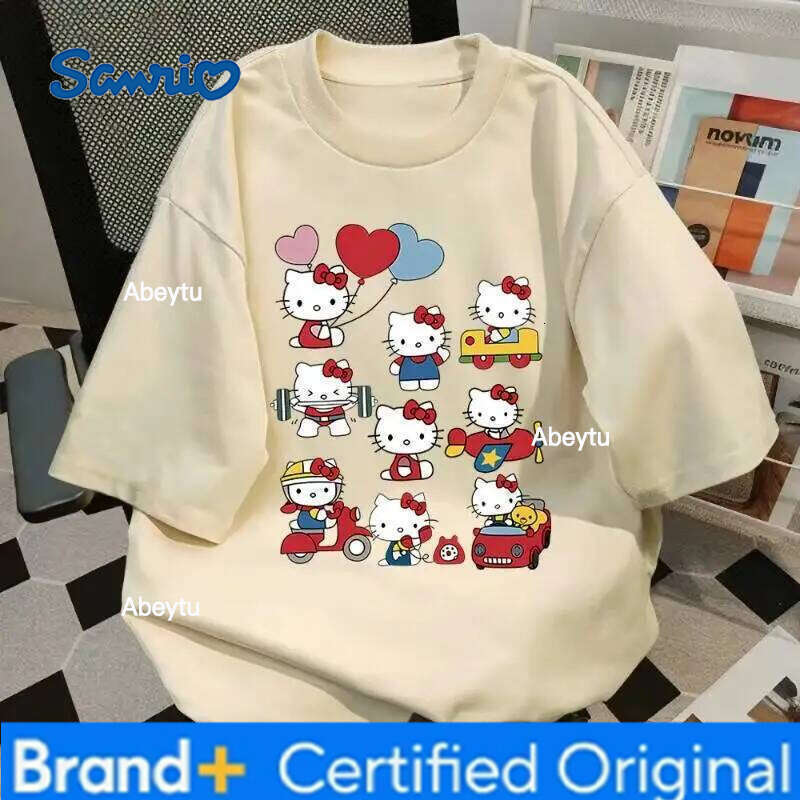 Sanrio Hello Kitty Street Personalized Sweet T-Shirt Cotton Short Sleeve Anime Fashion Women's Top Casual And Trendy Versatile H260120