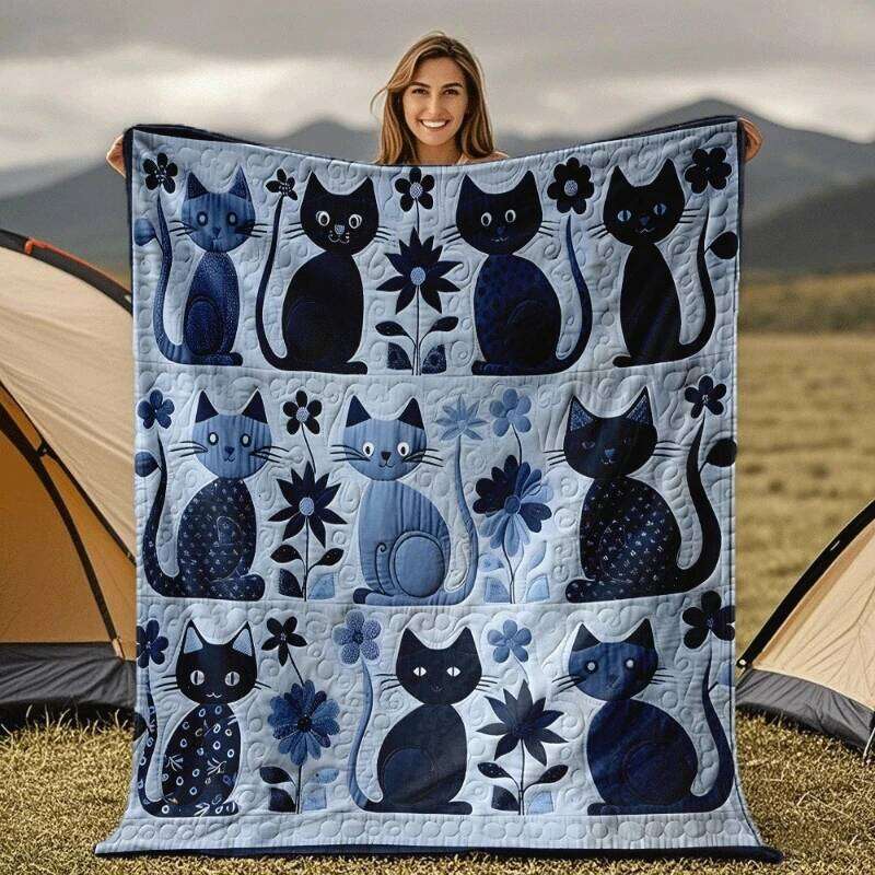 Cute Blue Floral Pattern Quilted Camping Travel Sofa Bed Cozy Warm Throw Blanket for Cat Lovers Home Decor Gift W260120