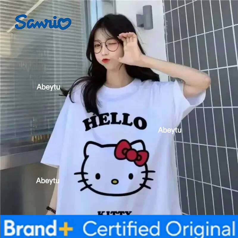 Sanrio Kawaii Hello Kitty Y2K Korea Anime Cute Summer Women's Couple Fashion Loose Comfortable Cotton T-Shirt Tops H260120