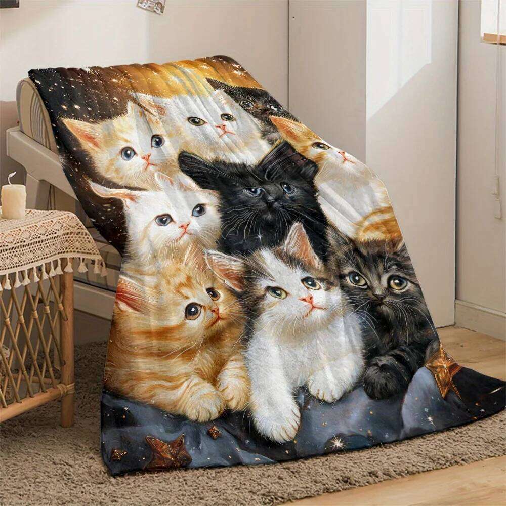 Starry Cat Magic Soft Blanket Dual-Use Living Room & Bedroom Cute Decorative Throw for Pet Lovers | Cozy Home Accent W260120