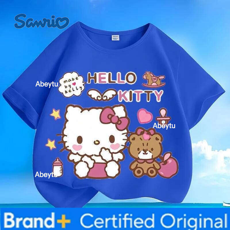 Sanrio New Hello Kitty T-shirt Breathable Skin-friendly Anti-wrinkle Easy Care Loose Versatile Crew Neck Short SleeveTops for Kids H260120