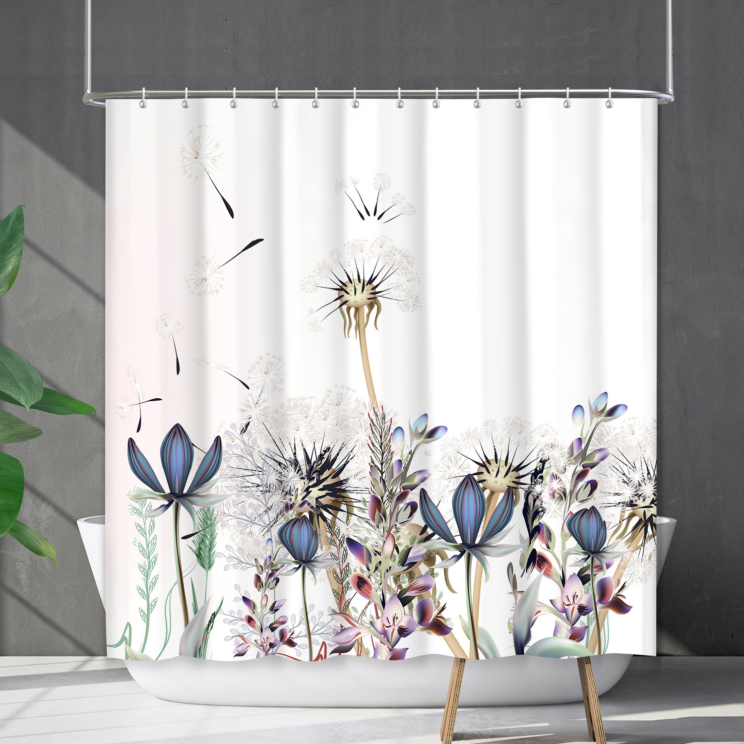 YL-38191 Waterproof Shower Curtain Set with Floral and Plant Designs, Shower Covering Curtain, No Drill Required