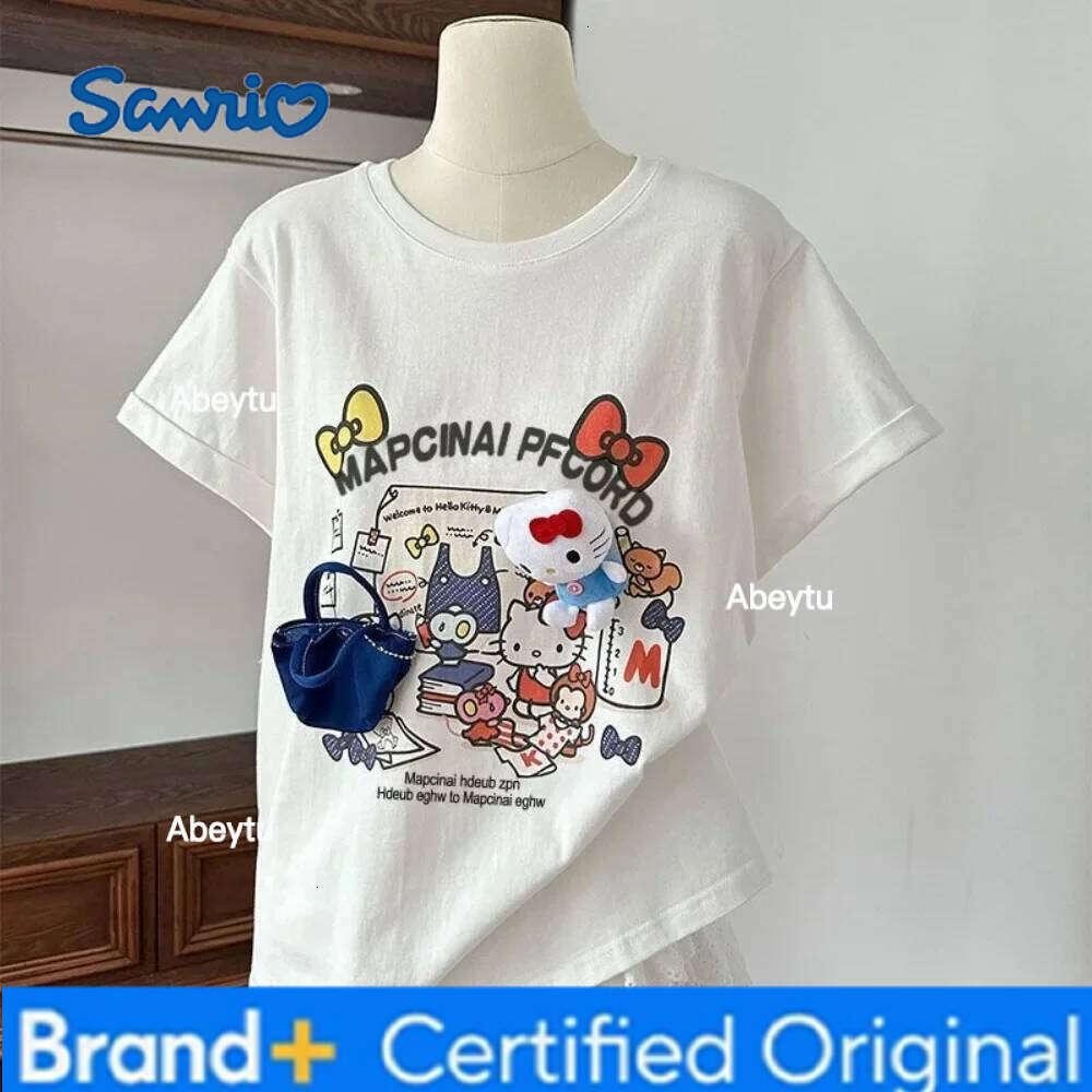 Sanrio HelloKitty Pure Cotton Cute Cartoon Printing Loose Round Neck T-shirt Summer New Fashion Comfort Design Versatile Tops H260120