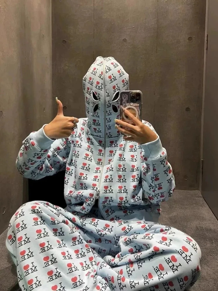 Williams Love Letter Printed Hooded Sweatshirt Cardigan Set 260109
