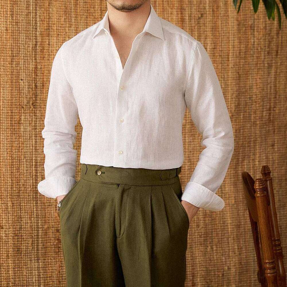 Mr. Lu San White 100% Linen Italian-Style Eight-Collar Long-Sleeved Casual Commuting Breathable Light Luxury Shirt For Men Mdng260120