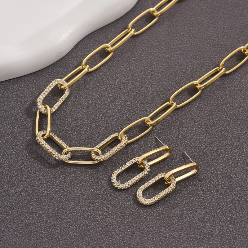 Jewelry Set Gold Tone Double Link Chain Necklace And Earring Set With Cubic Zirconia For Women Trendy Minimalist Versatile Accessory