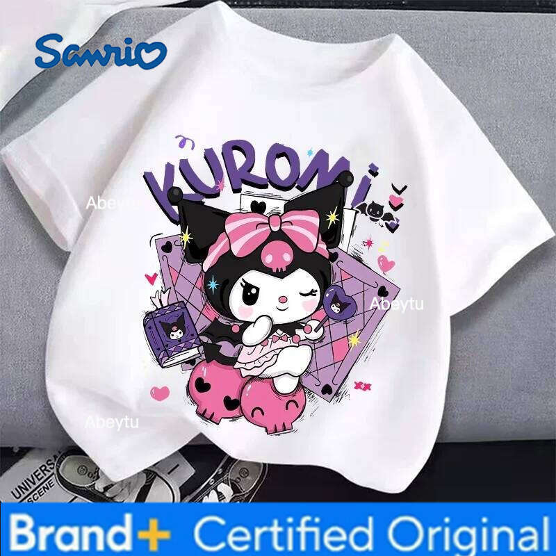 Sanrio Kuromi Kids T-shirts Kawaii Anime Short Sleeves Figures Cotton Tees Summer Round Neck Girls Clothes Tops Toddlers Clothing Gift H260120