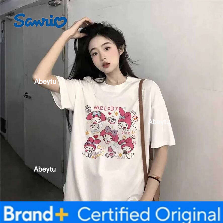Sanrio Anime Cartoon Hello Kitty My Melody Cinnamoroll Women's Printed T-Shirt Summer New Solid Color Short Sleeved Casual Top H260120